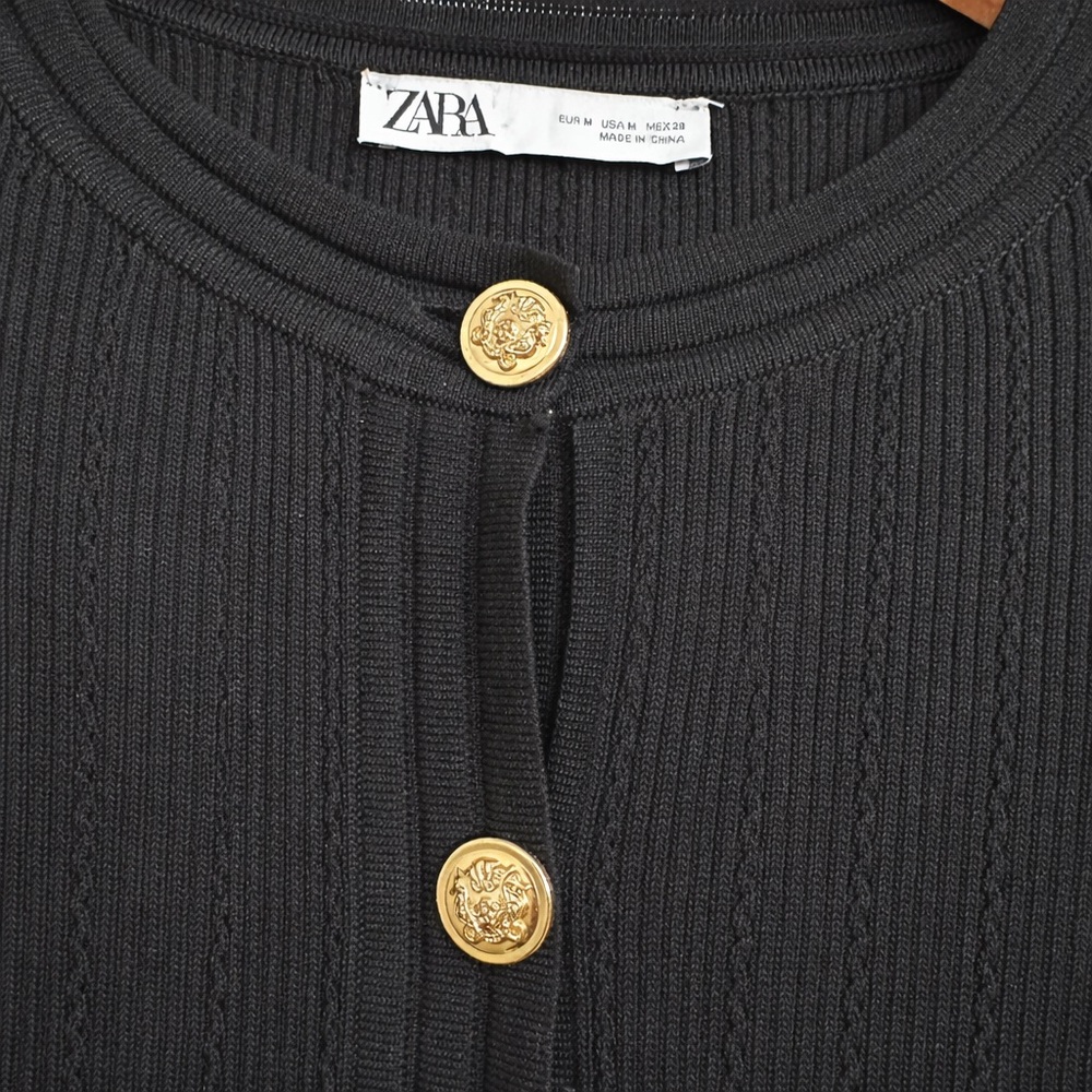 Zara Black Ribbed Knit Mini Dress Gold Button Front Size Medium - Picture 4 of 9